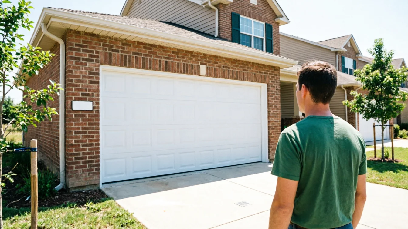 A man in a green shirt stands in front of a white garage door on a brick house.