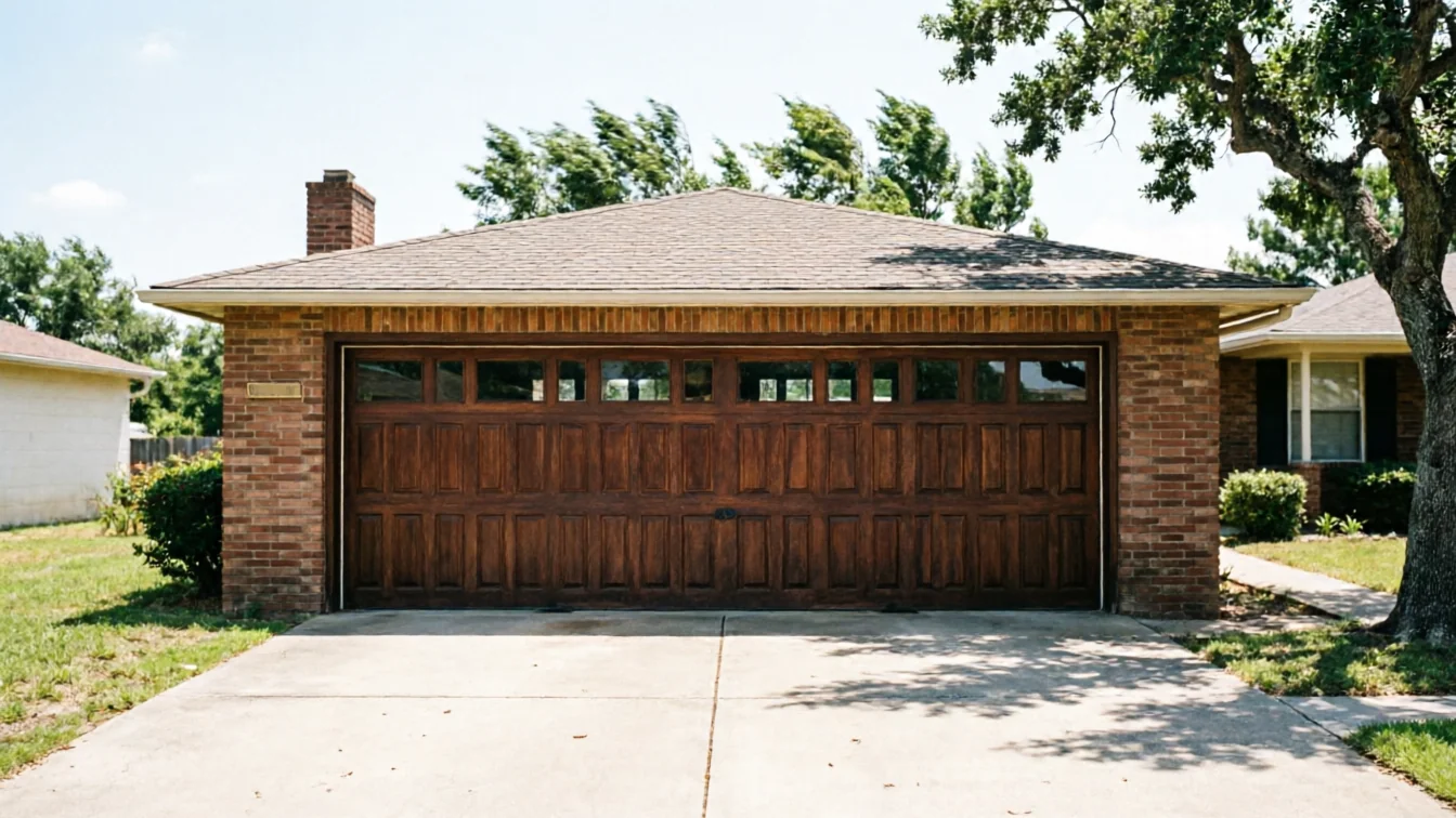 A brown wooden garage door with windows is on a brick house.