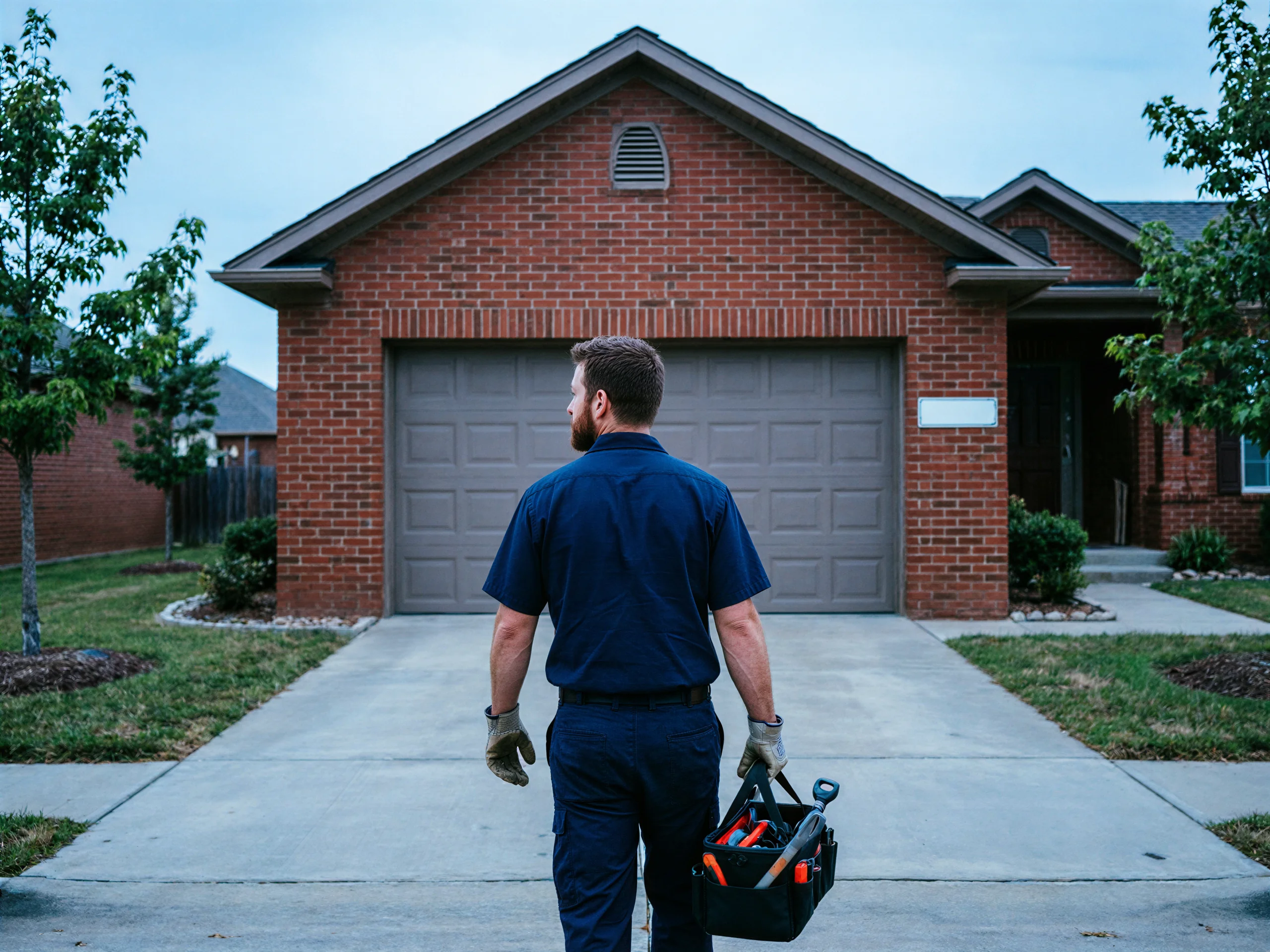 A technician carrying a toolbox walks toward a house with a brown garage door.
