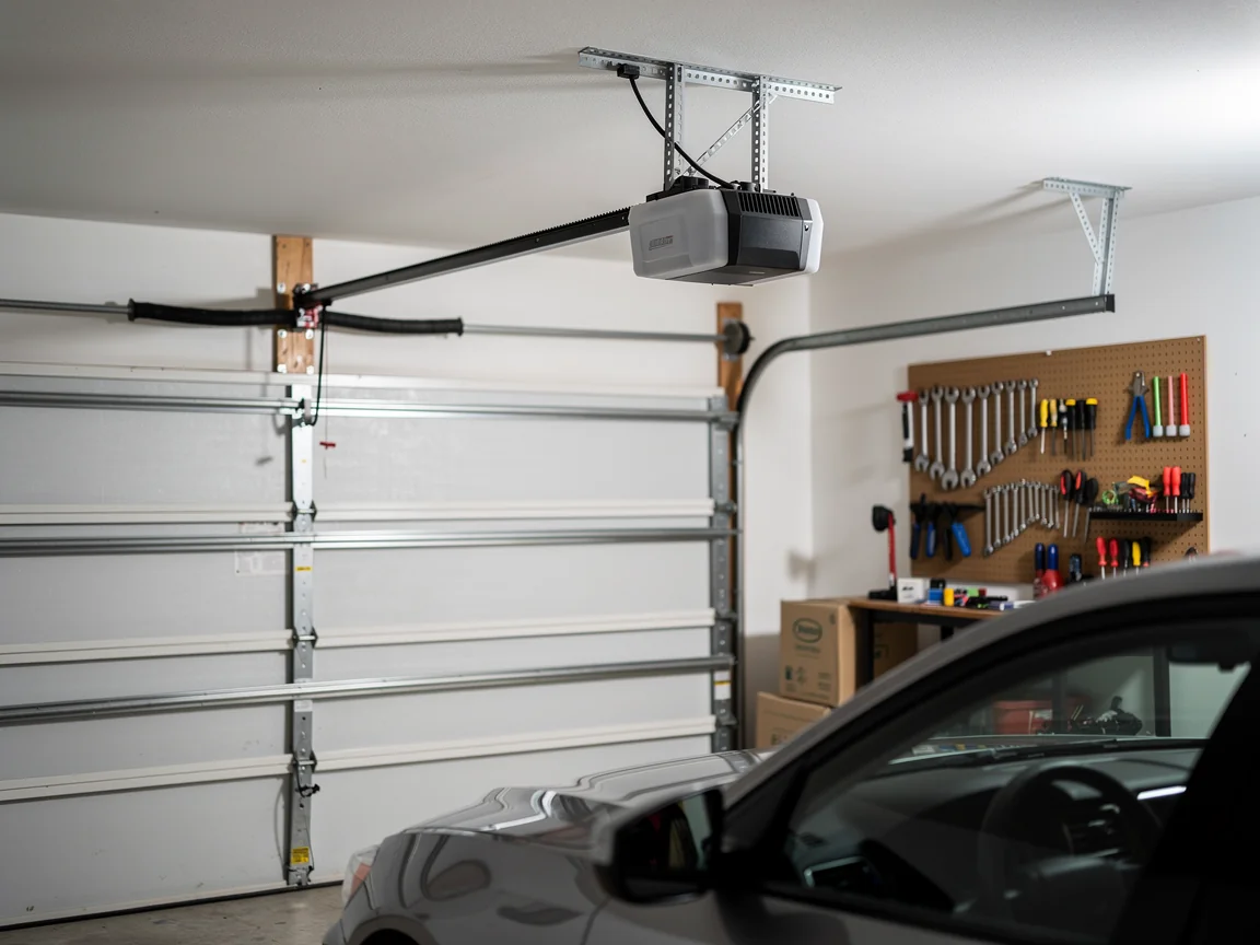 A garage door opener is mounted above a closed garage door and a car.